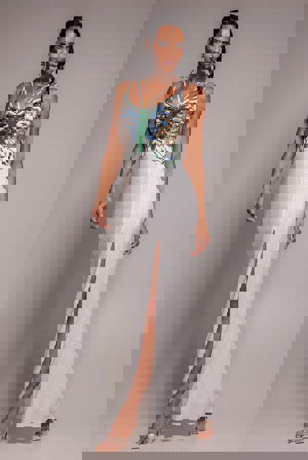 Sequin Butterfly Front Split Maxi Dress - White DR4609