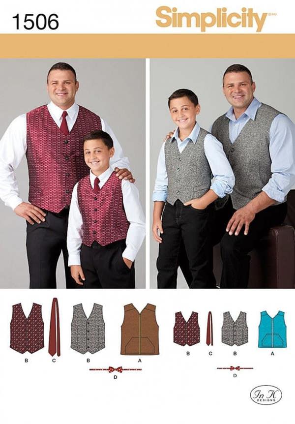 Simplicity Sewing Pattern 1506, Waistcoats, Ties for Kids, Men, S-5XL - Intermediate