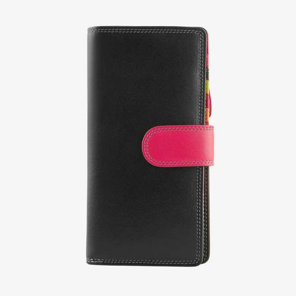 Black bifold purse with a pink accent on a white background