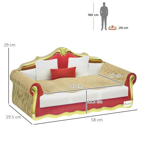 Cat cardboard scratcher lounge sofa bed with beige scratching surface, red and white cushions