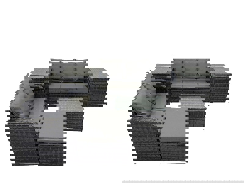 Fimous Outdoor Love Sofa 3 Seater Sofa Coffee Table Set Garden Rattan Furniture Set 6 Seater with 2 Side Tables Big Stool Dark Grey