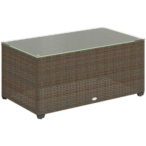 Brown rattan side table with clear glass tabletop and woven sides