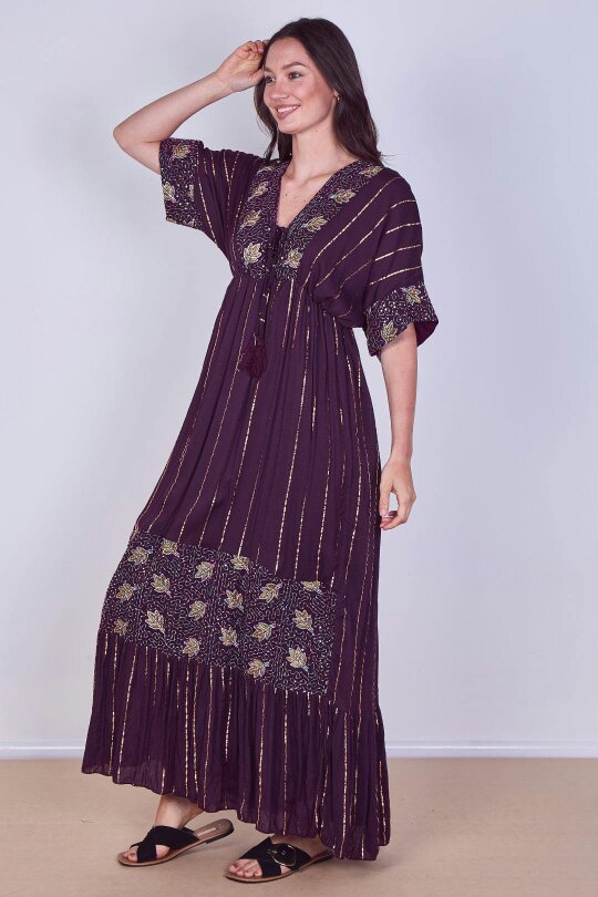 Boho Sequin leaf Embroidered Maxi Dress