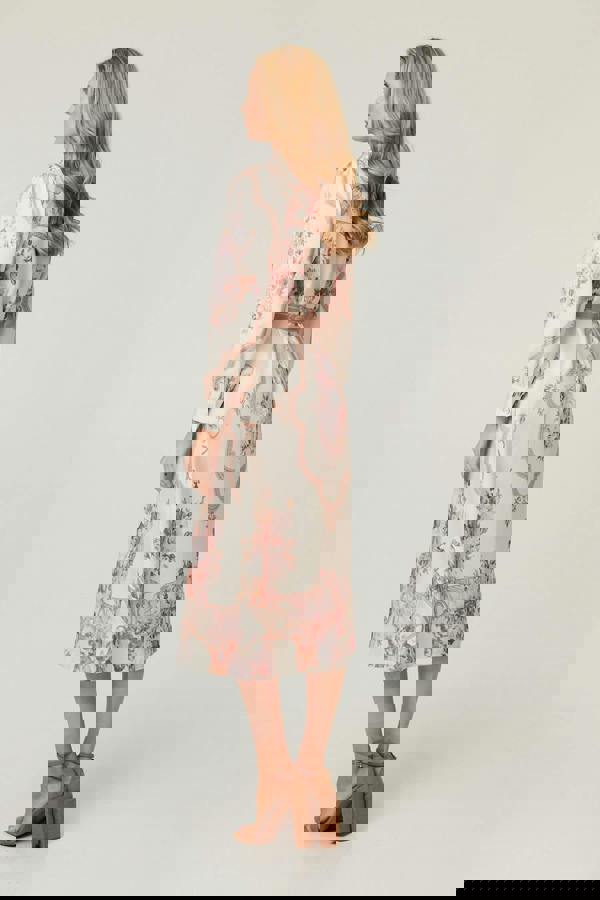 Beige | Floral Long Sleeve Tie Waist Midi Dress