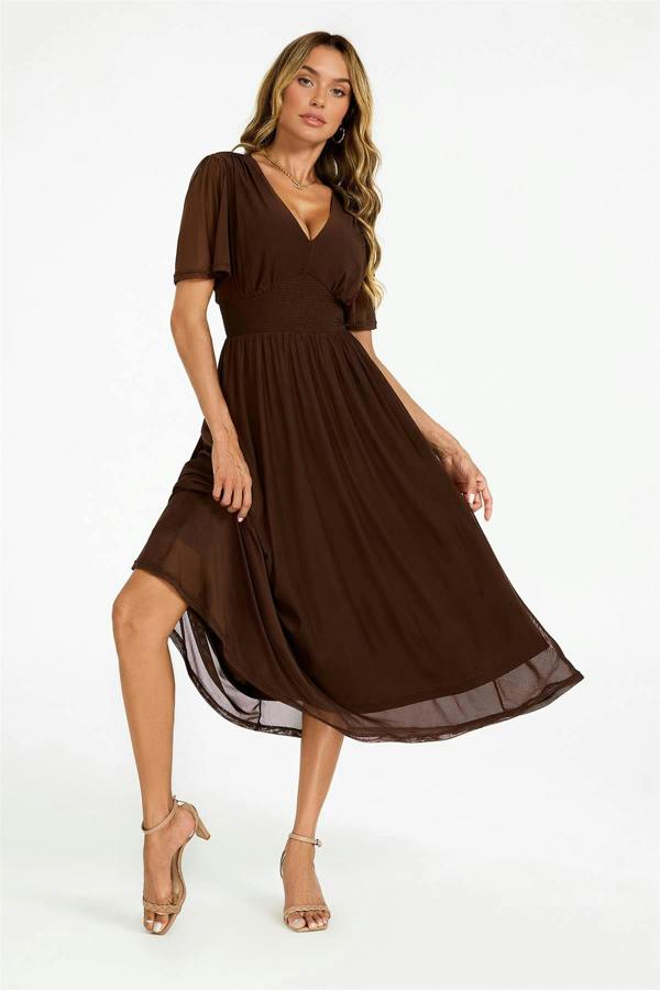 FS Collection Flutter Sleeve Mesh Midi Dress In Brown