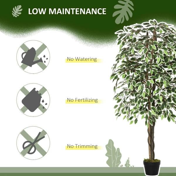 Green artificial potted tree with dense leafy branches and dark pot