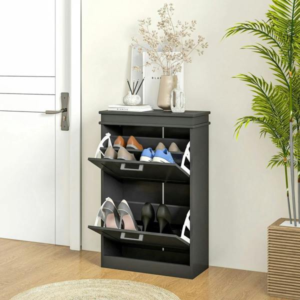 Black shoe cabinet near door, top open to reveal flip drawer and two interior shelves