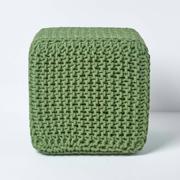 HOMESCAPES Cube Cotton Knitted Pouffe Footstool Bean Filled Hand Knitted