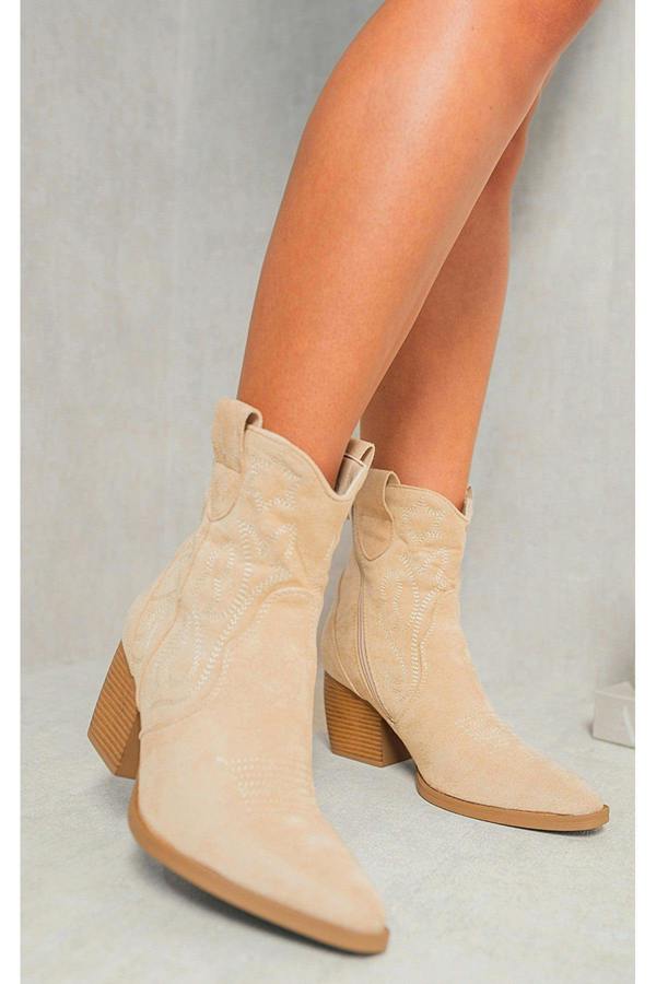 Laura Suede Cowboy Ankle Length Boots - Beige
