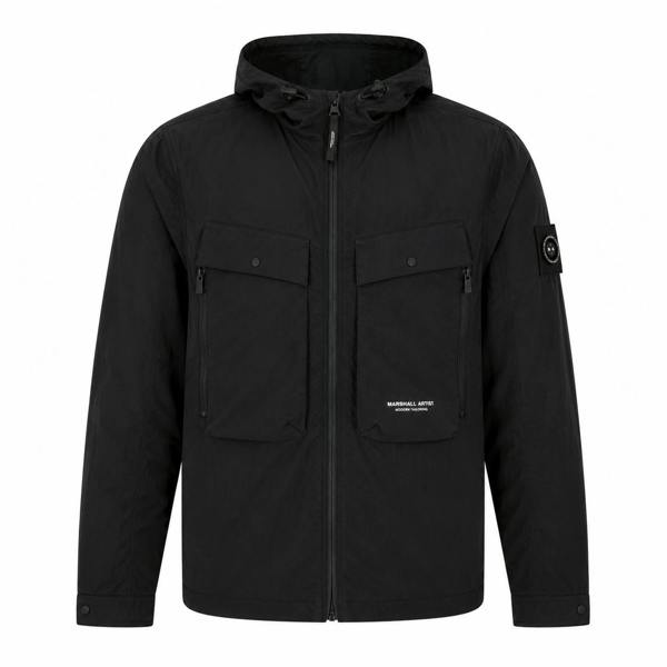 Black Marshall Artist Amerigo hooded overshirt with dual chest pockets, zip closure, and sleeve logo patch.