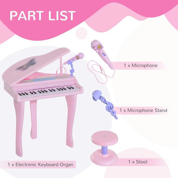 Pink electronic keyboard set with microphone, stand, and round stool