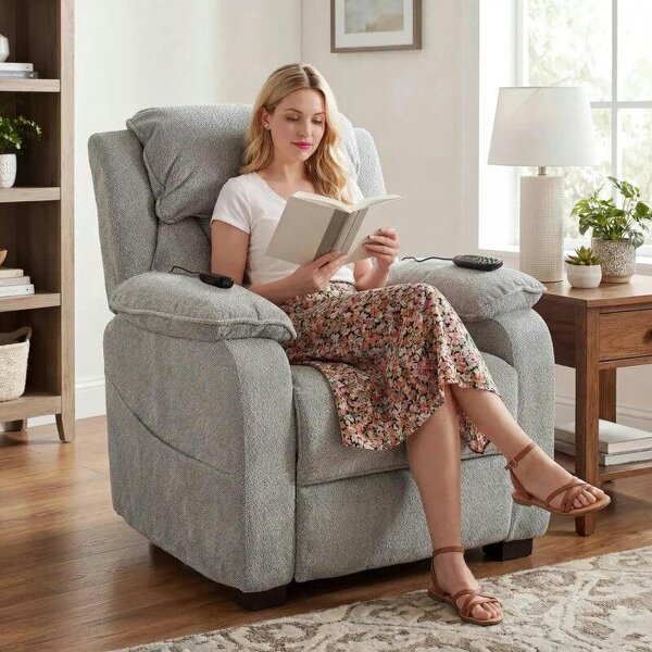 Power Recliner Armchair with Massage and Heat, Electric Reclining Chair with Wide Spring Seat, Light Grey - Light Grey
