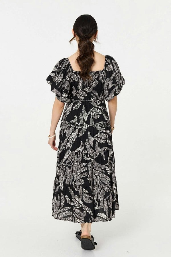 Black | Leaf Print Puff 1/2 Sleeve Midi Dress
