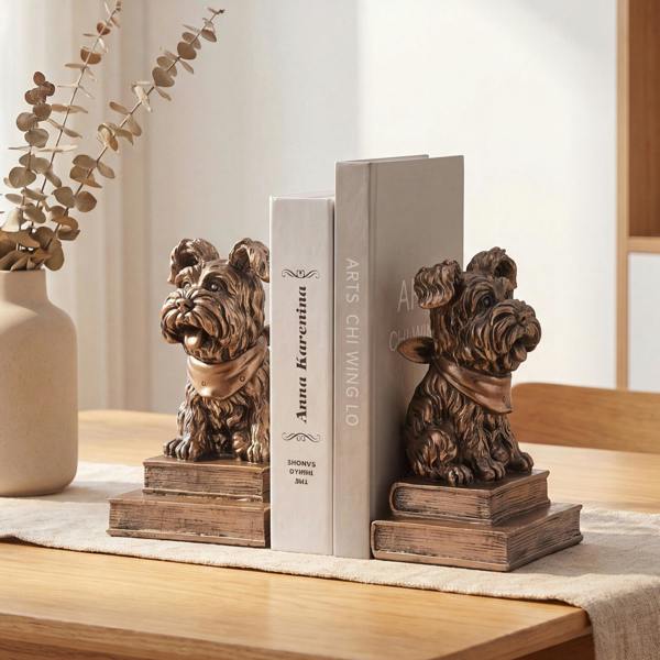 Maison des Cadeaux Bronze Effect Resin Dog Bookends, Vintage Animal Book Supports for Home Office, Library & Living Room Decor (Set of 2)