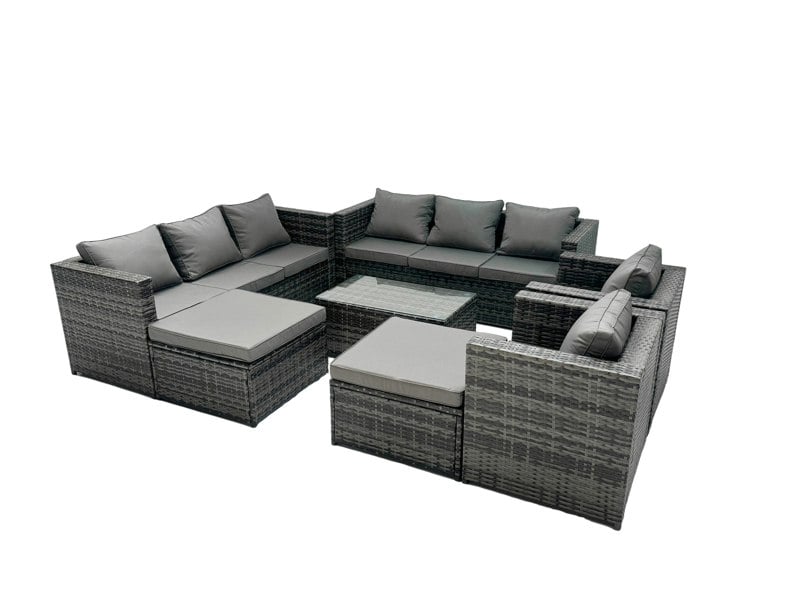 Fimous Rattan Garden Furniture Dining Set 10 seater Patio Coffee Table Sofa Set with 2 Big Stools Dark Grey Mixed