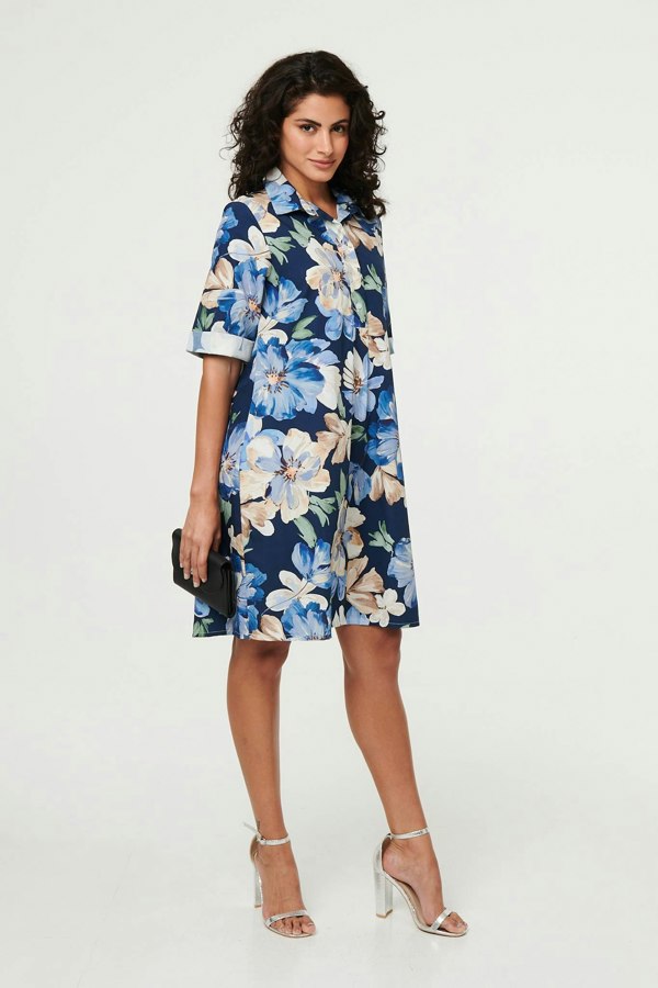 Navy | Floral Oversized Knee Length Shirt Dress
