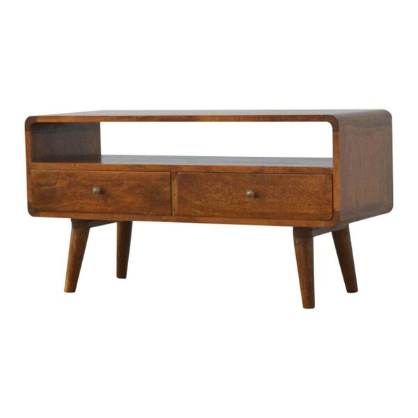Wyld Haus Ostuni Low Curved Chestnut Mango Wood TV Media Unit 2 Drawers and Open Shelf