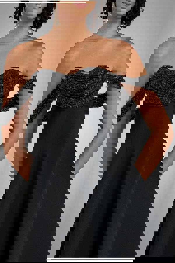 Sparkle Chiffon Cowl Bardot Skater Midi Dress - Black DR4721