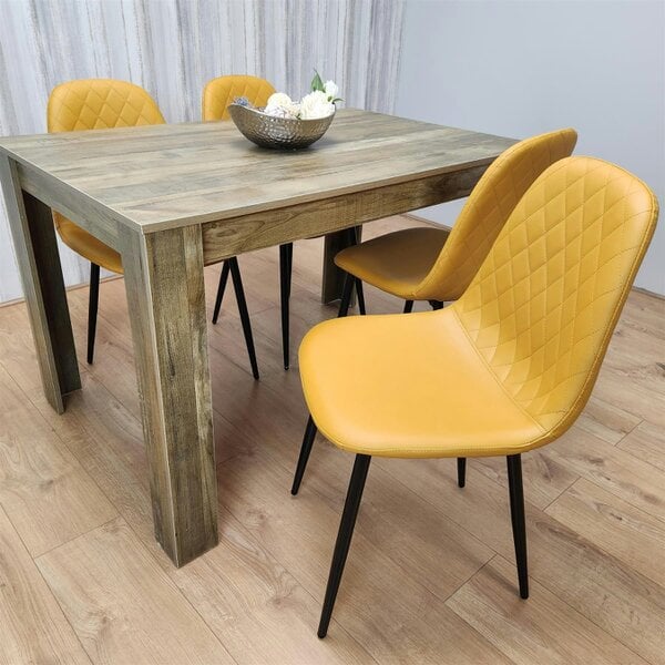 Kosy Koala Dining Table and 4 Chairs Rustic Effect Table with 4 Mustard Gem Patterned Chairs