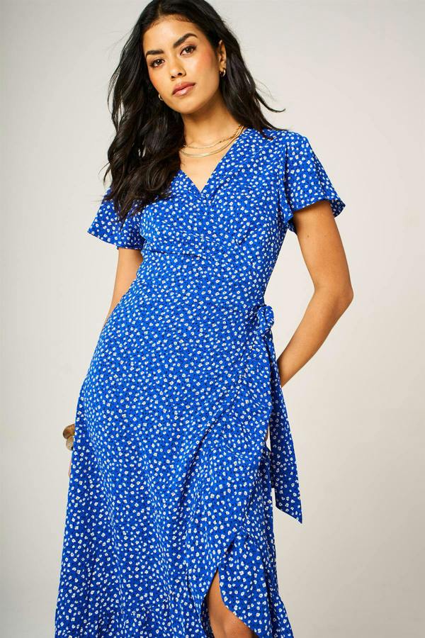 FS Collection Hem Frill Detail Little Floral Print Wrap Dress In Blue