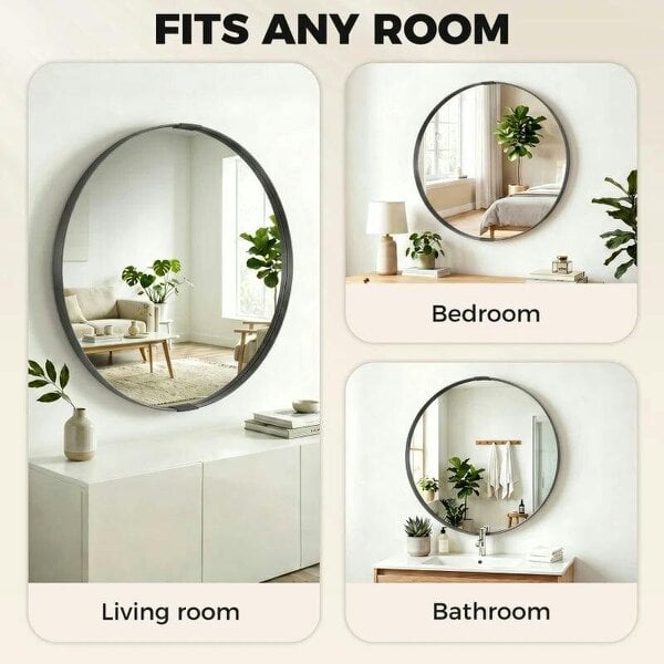 Round Wall Mirror 61 cm, Wall Mounted Bathroom Mirror with Tempered Safety Glass and Aluminium Alloy Frame, Black