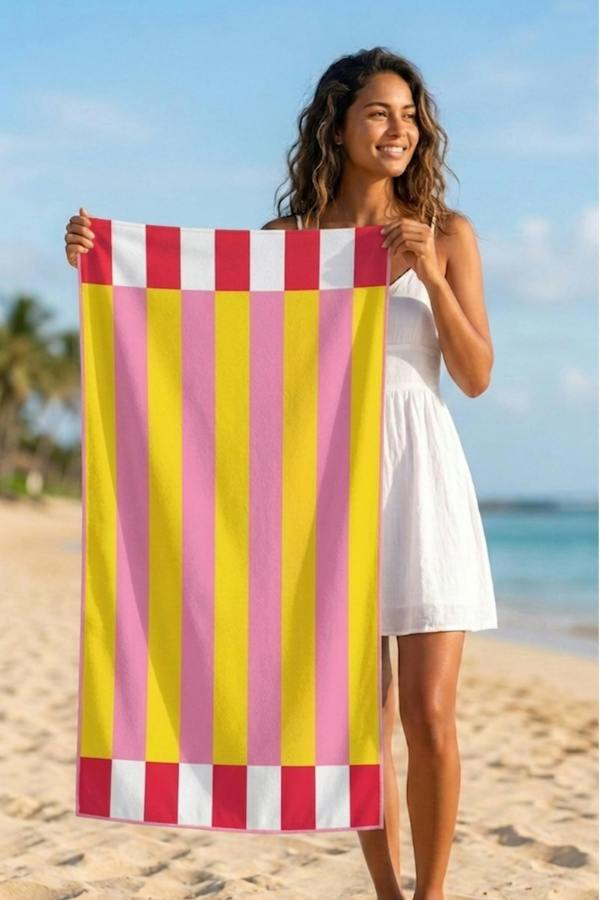 Dyzi Contrasting Stripe Cotton Beach Towel Soft Absorbent 70x152cm