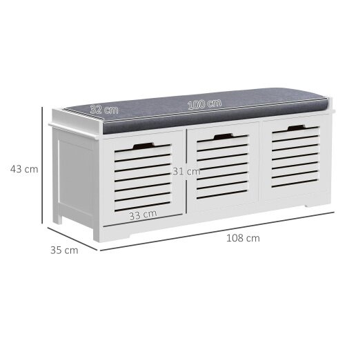 Wyld Haus Vesava Wooden White 3 Drawer Slatted Shoe Storage Bench with Grey Padded Seat