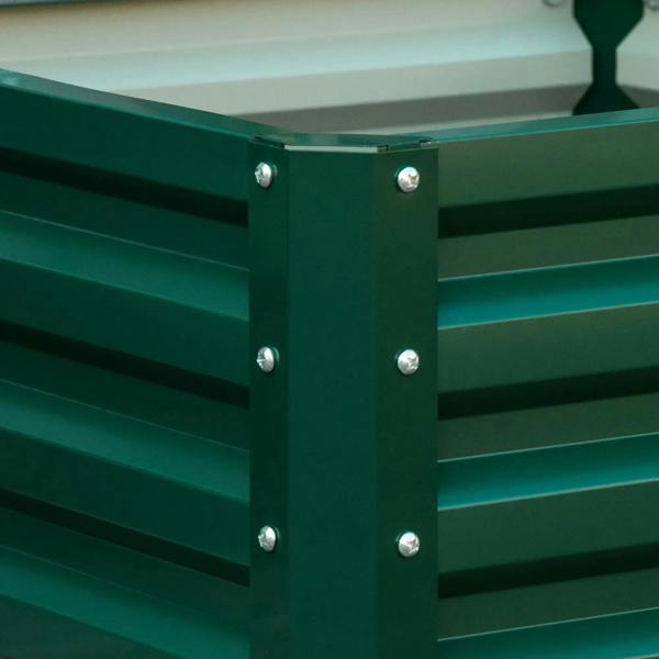 Green steel planter box cross brace with chrome bolts