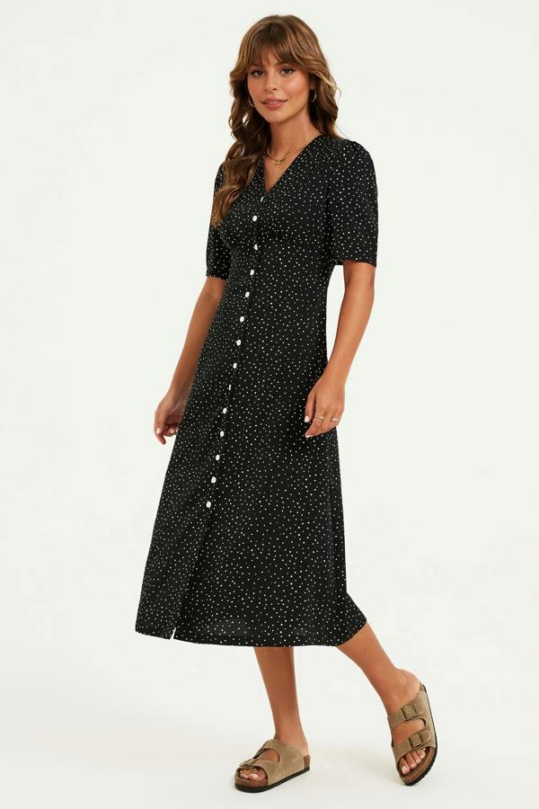 FS Collection Dot Print Button Front Midi Dress In Black