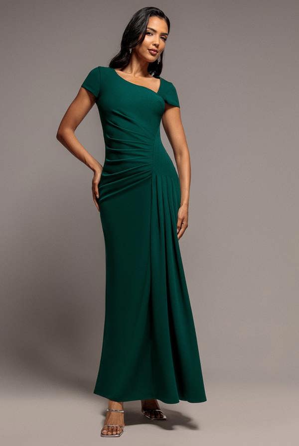Cap Sleeve Pleated Asymmetric Maxi Dress - Emerald Green DR5115