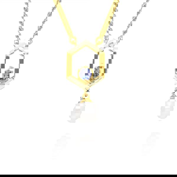 270N035809925 Modern Pearl & Tanzanite Hexagon Drop Necklace in Gold Plated Silver 1