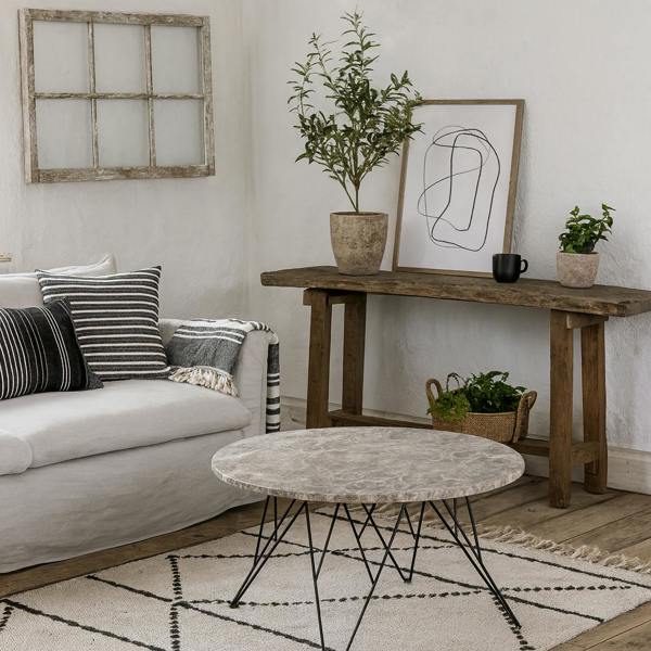 Wyld Haus Toulouse Round Grey Marble Effect Coffee Table Black Steel Base