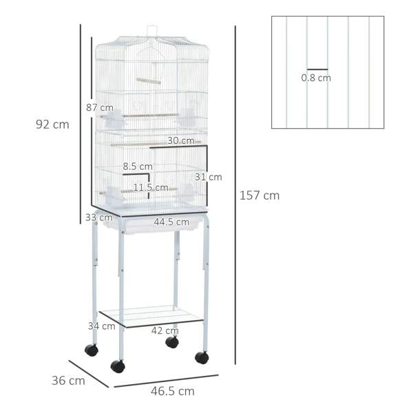 White bird cage on wheeled stand with shelf, showing size dimensions