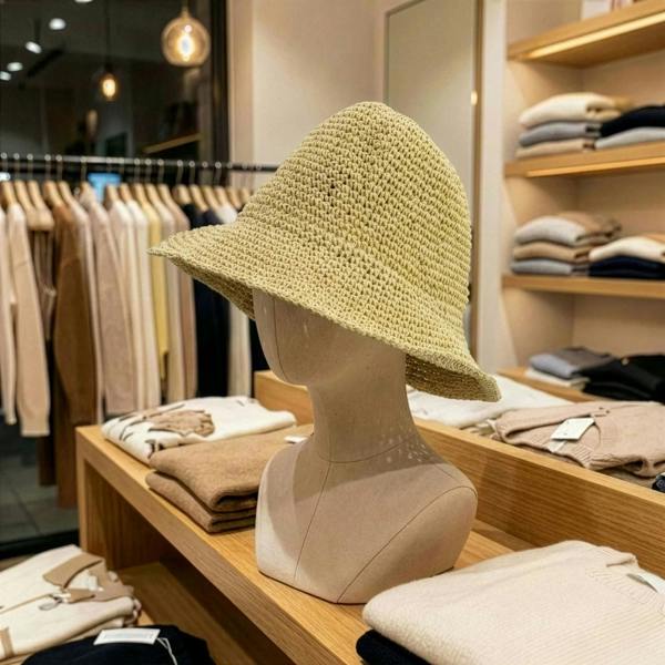 Natural beige straw floppy sun hat displayed on a mannequin in a retail store