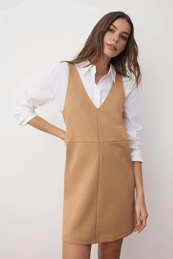 WOVCOR V-Neck Vest Suede Mini Knit Dress
