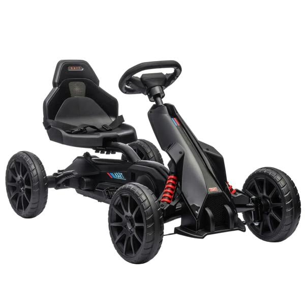 Black kids pedal go kart with adjustable seat, steering wheel, and EVA-style wheels