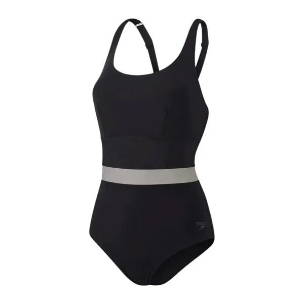 Black Speedo Shaping LuniaGlow Swimsuit with silver stripe
