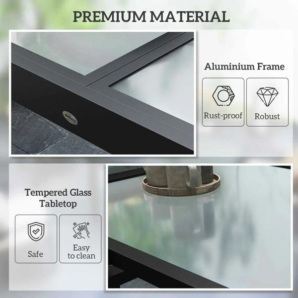 Extendable outdoor dining table with aluminum frame and tempered clear glass tabletop