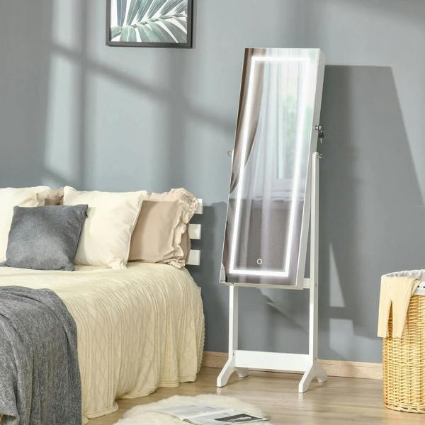 White standing jewelry cabinet with full-length mirror and built-in accessory shelves