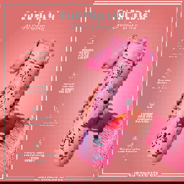 A pink, floral-patterned water bottle is held; its full flip lid opens 240°. The bottle is slim stainless steel, and the design facilitates convenient on-the-go drinking.