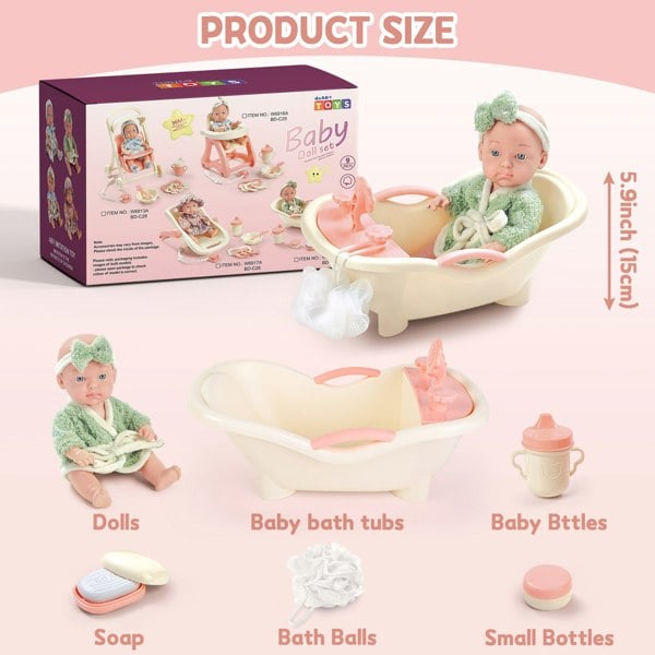 deAO Toys Baby Doll Bath Play Set - Doll Bathtub Set with Trolley, and Accessories Complete Role Play Toy for Kids with Bathtub, Baby Bottle, and More