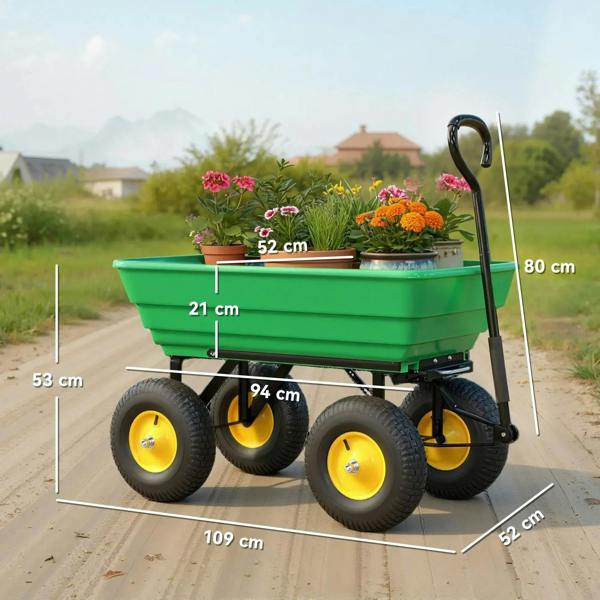 Green tipping garden cart with front tub, black frame, and four large wheels