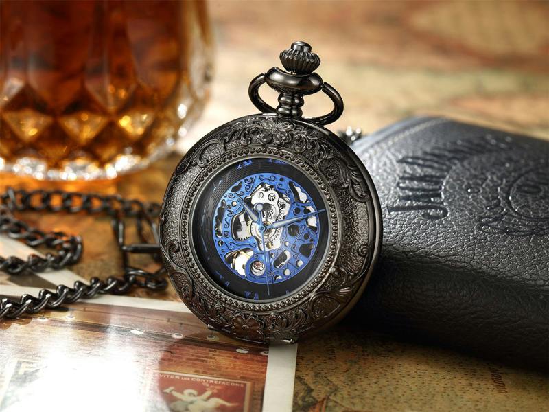Infinity Leather Vinatage Mechanical Alloy Skeleton Half Hunter Pocket Watch
