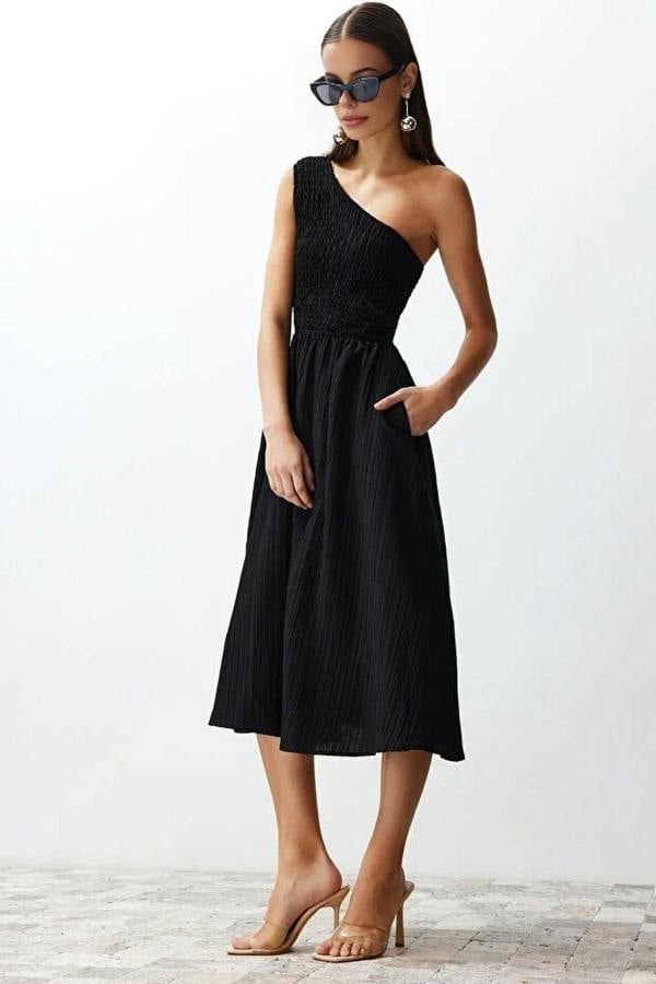 WOVCOR Waist-Leg Embellished One-Shoulder Midi Woven Dress