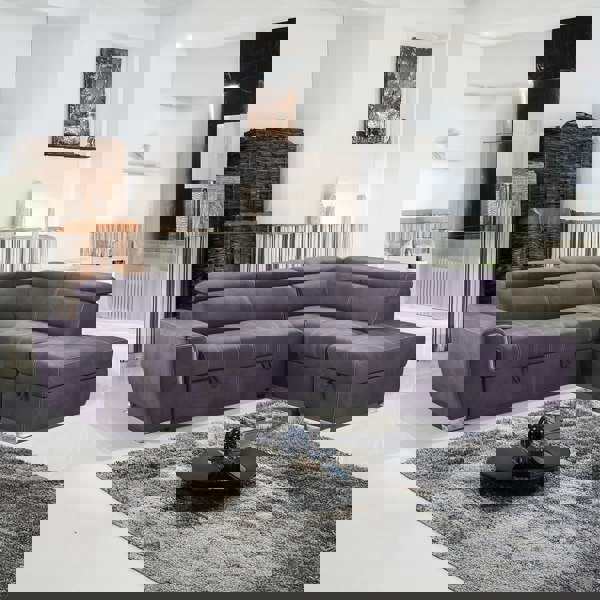 Furnishings For Less Nevada Grey Suede Corner Sofa Bed Tilting Headrest + Storage Ottoman