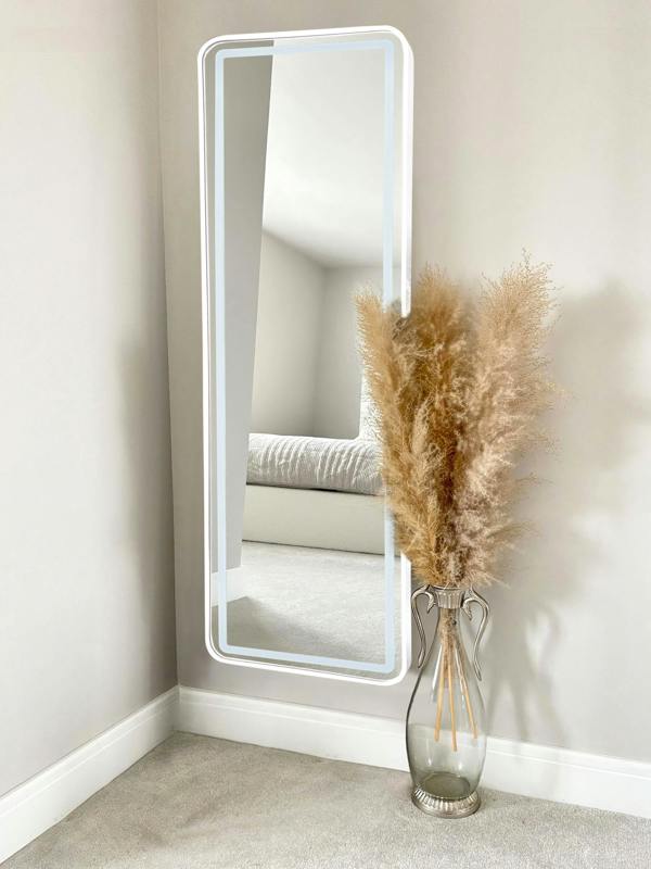 Downton Interiors Stunning White Rectangular Metal Frame LED Wall or Floor Standing Dressing Mirror 145cm x 45cm - Soho Collection