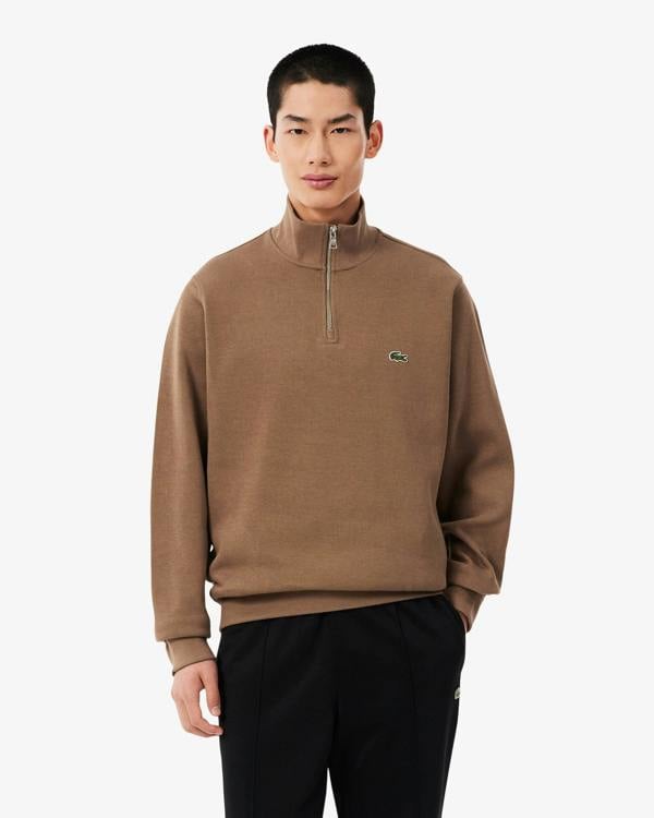 Lacoste Mens Zippered Stand - Up Collar Cotton Sweatshirt - Cookie SIX | CHO | Designer Mens Half Zip Sweatshirts
