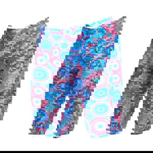 Bundjalung Blue swim training jammers in blue and pink patterned eco c-infinity fabric