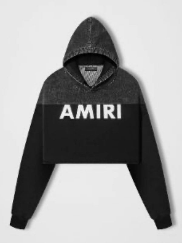 AMIRI WOMENS HYBRID CROPPED HOODIE SATIN BLACK