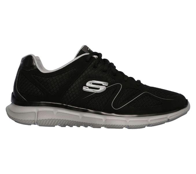 Skechers Verse-Flash Point Mens Sports Gym Walking Lace Up Trainers, black athletic shoe with mesh and synthetic overlays and a cushioned white sole.